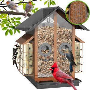 FlowaFoli Bird Feeders for Outdoors, Metal Bird Feeder with Double Suet Cage Weatherproof Metal Roof, 2 in 1 Mixed Seeds Suet Feeder, 4Lbs Large Capacity, Great for Finch、Cardinal、Chickadee（Brown）