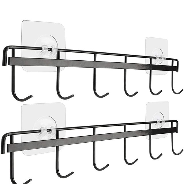 Yizhi Adhesive Wall Hooks Rack Kitchen Rail, Space Saving Wall Hanger No Drilling Wall Mounted Accessory Hanger with 6 Hooks for Kitchen Bathroom Bedroom Closet Pack of 2 (Black)