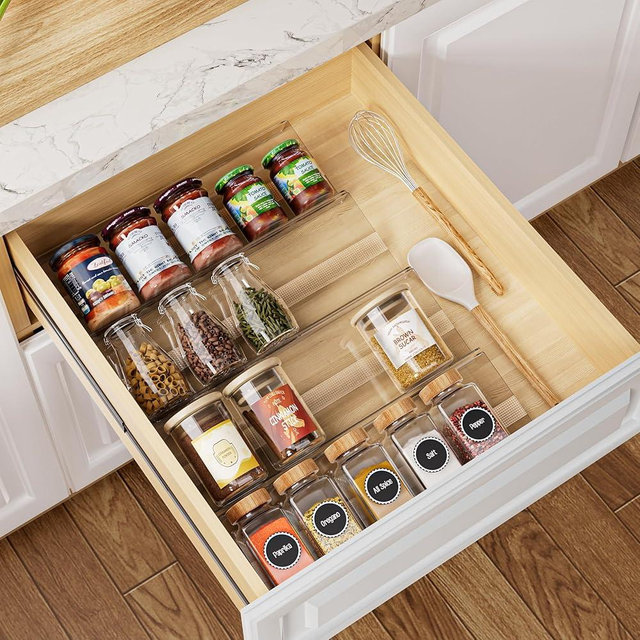 Brippo 4-Pack Adjustable Spice Rack Organizer for Drawer, Expandable Seasoning Storage (13" to 26") with Anti-Slip Mat, Acrylic Tiered Spice Tray for Condiment, Nail Polish and Jar Organization