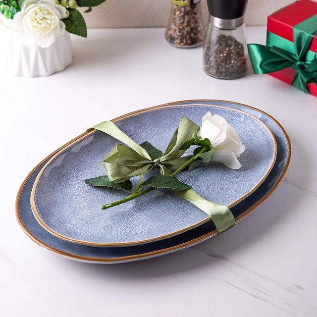 AmorArc Ceramic Large Serving Plates, Reactive handcrafted Oval Platters for Entertaining, Kitchen Dishes for Dinner, Fruit, Salad, Turkey. Microwave & Dishwasher Safe,14.25" / 11.75", Set of 2 - Blue