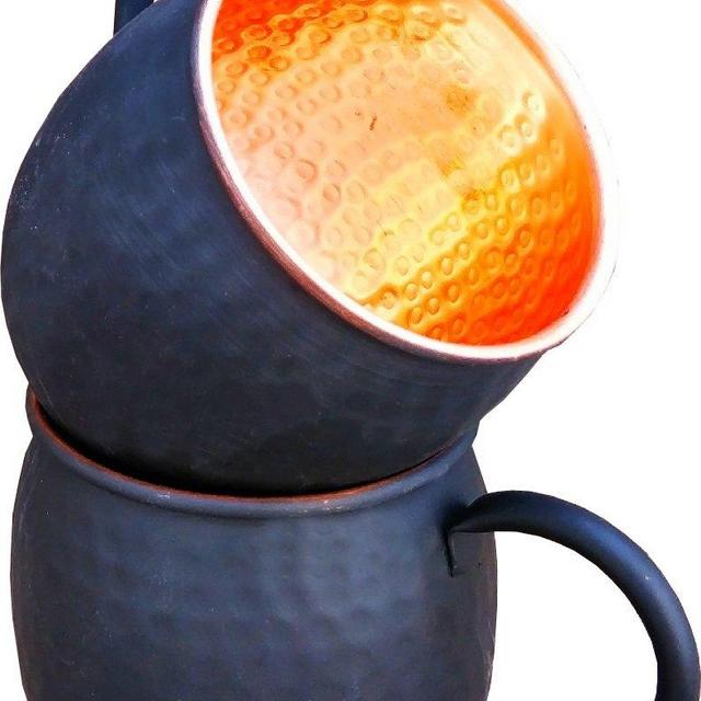 Staglife Copper Cup & Coffee Mugs Gifts Set of 2 - Black Matte Barrel Moscow Mule Mug - Antique Hammered Rose Gold Copper Rims finish - Size 16 ounce