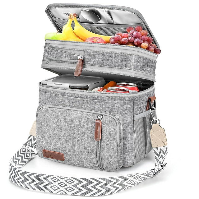 LOKASS Lunch Box & Lunch Bag for Women Men Double Deck, Large Insulated Adult Lunch Box Leakproof Lunchbox Cooler Bag for Work Picnic Beach,（Gray16L）