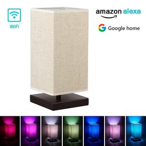 Alexa Wifi Smart Wood Table Lamp, Dimmable Multicolored Color Changing LED Light, with Fabric Shade and Solid Wood, Smartphone Control Compatible with Alexa