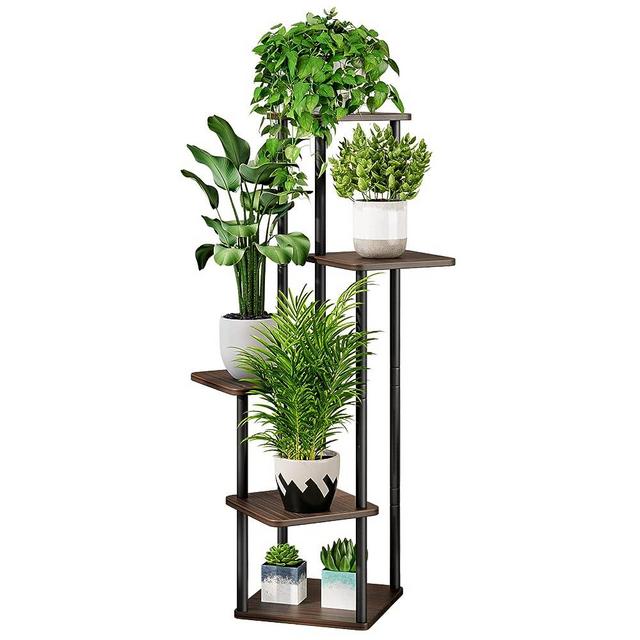 AZERPIAN Plant Stand 5 Tier Indoor Metal Flower Shelf for Multiple Plants Corner Tall Flower Holders for Patio Garden Living Room Balcony Bedroom, Black (5 Tier-Black Oak)