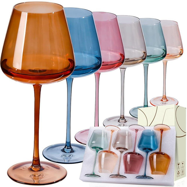 JOVGANK Colored Wine Glasses Set of 6, Hand Blown Large Colorful Wine Glass 18Oz, Lead-Free Premium Crystal Long Stem Wine Glass, Daily Use, Wedding Anniversary or Mother's Day gift, Multicolor