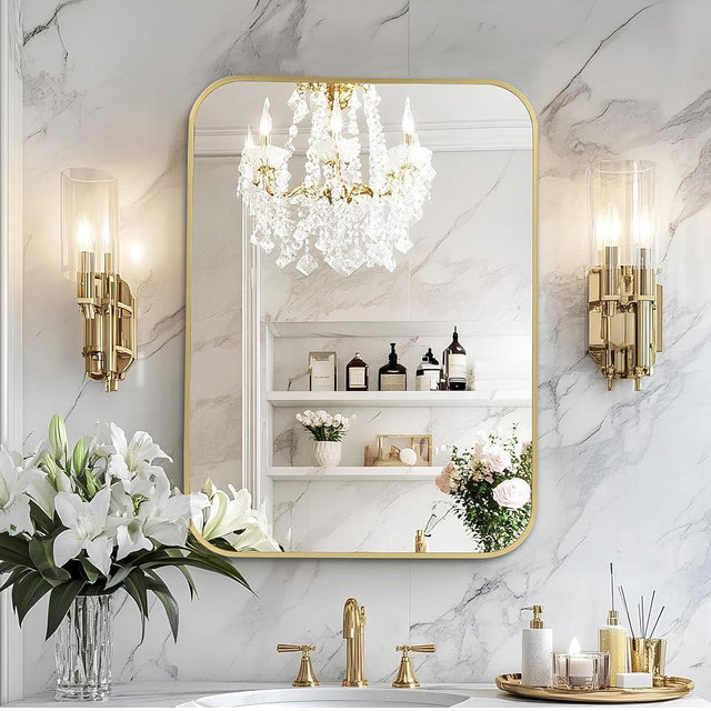 MZON 24x32 Inch Gold Bathroom Mirror – Brushed Gold Rectangular Vanity Mirror, Wall-Mounted, Anti-Rust Metal Frame, Tempered Glass, Vertical & Horizontal Hanging