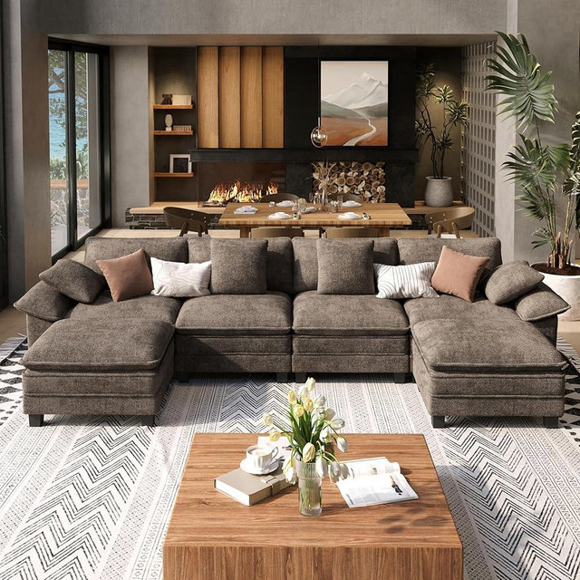 SUNSHINE VALLEY Modular Cloud Couch, Comfy Sectional Sofa with Wider Armrest and Ottoman, Upholstered Modern Deep Seat for Bedroom Living Room, 6 Seat U-Shaped, Chenille Tapue Grey