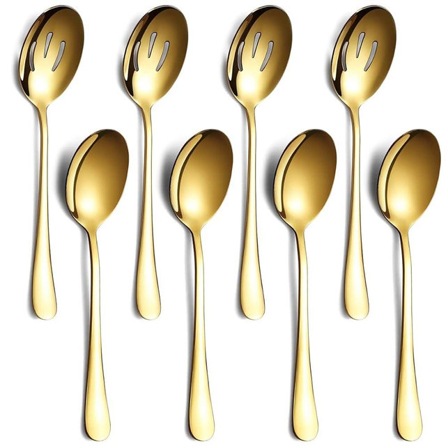 Gold Serving Spoons 8 Pieces, ReaNea Stainless Steel Serving Utensils Set inclunde 4 Serving Spoon 4 Serving Slotted Spoons, Dishwasher Safe