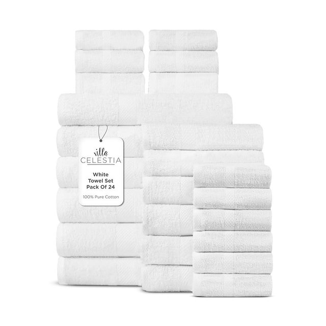 Villa Celestia 100% Cotton Bath Towel Set of 24-6 Bath Towels, 6 Hand Towels, 12 Wash Cloths, Sustainable, Soft, Highly Absorbent, Combed Cotton 24 Piece Set for Hotels, Spa, Bathroom, Dorm, White