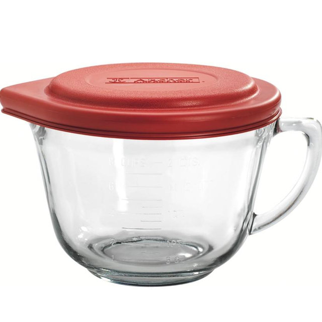 Anchor Hocking Batter Bowl, 2 Quart Glass Mixing Bowl with Red Lid