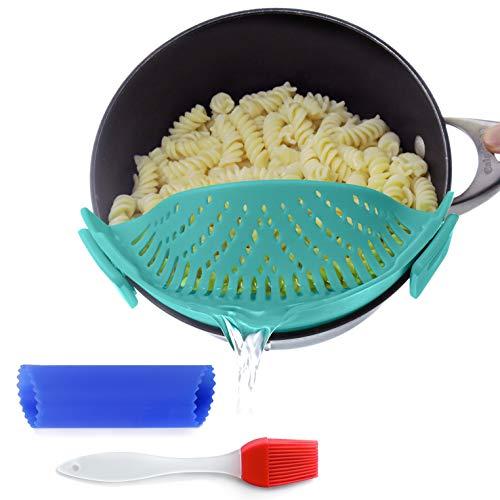 Clip-On Kitchen Food Strainer for Spaghetti, Pasta, Ground Beef Grease, Colander & Sieve Snaps on Bowls, Pots and Pans, Set includes Silicone Strainer, Brush & Garlic Peeler by Salbree (Aqua)