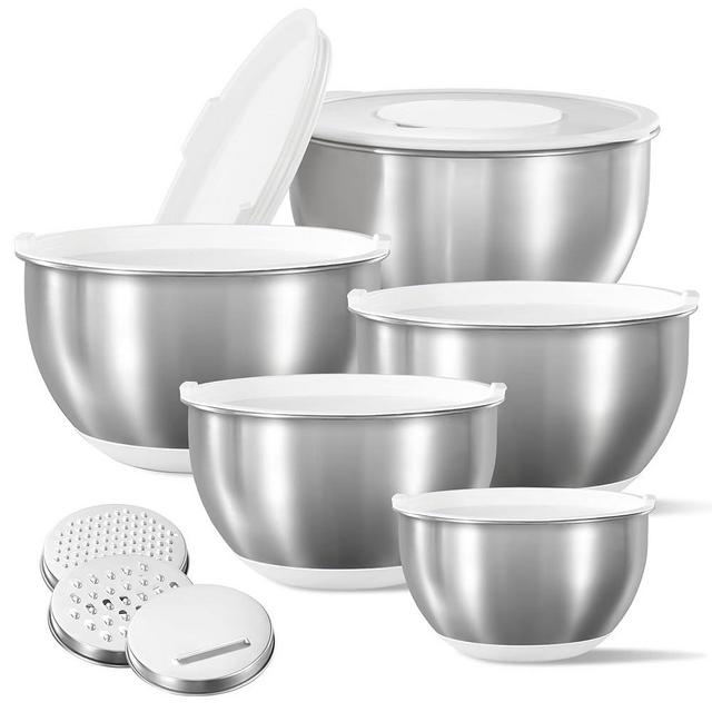 CAROTE Stainless Steel Mixing Bowls with Lids Set,12 Pcs Nesting Bowls Clear Airtight Lids 3 Grater Attachments,Non-Slip Bottoms & Measurement Marks Mixing Bowls,Size 5,3,2,1.5,1QT