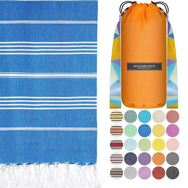 Madamelique Turkish Beach Towel with Beach Bag - 39 x 74 - Prewashed Beach Towels Oversized - %100Cotton - Quick Dry - Sand Free - Hand Loomed Turkish Bath Towels - Unique Turkish Towel (Blue)