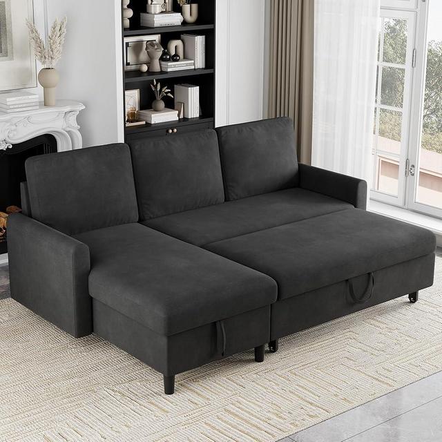 Shintenchi Sofa Couch, Sofa Bed- 2 in 1 Pull Out Couch Bed with Storage Chaise for Living Room, Sleeper Sofa Bed Sectional Sofa Couch Linen Couch (Black)