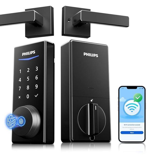 Philips Wi-Fi Smart Lock with Handles, WiFi Keyless Entry Front Door Lock Set, Keypad Deadbolt with Handle App Fingerprint Code Unlocking, Auto Locking, Built-in WiFi, Remote Control & Voice Unlock