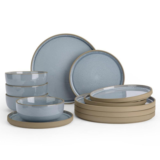 Famiware Nature Plates and Bowls Sets, 12 Pieces Stoneware Dinnerware Sets, Dishes Set for 4, Dishware Sets, Microwave and Dishwasher Safe, Light Blue