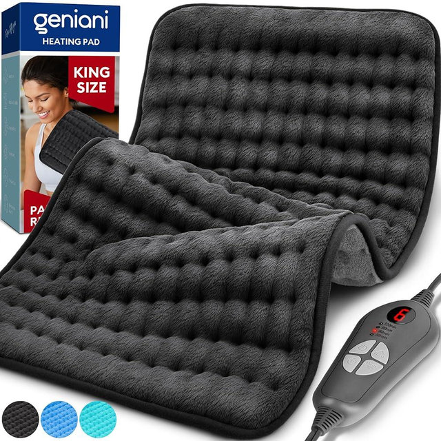 GENIANI Double Sided XL Heating Pad Electric for Lower Back Pain & Period Cramps Relief, Heat Pad with 6 Heat Settings for Neck & Shoulders, Heat Patches (12"x24" Jet Black)