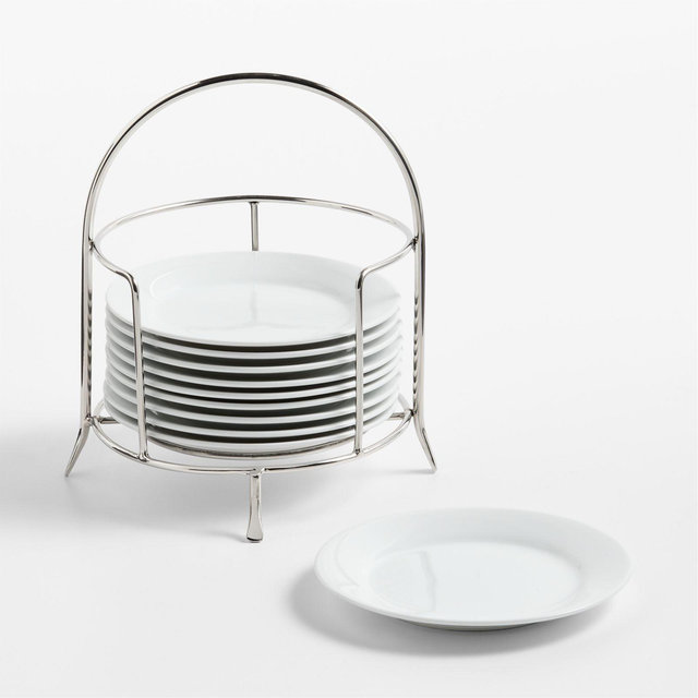 Aspen Rimmed Appetizer Plates with Stainless Steel Stand, Set of 10