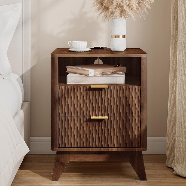 Cooday Fluted Nightstand with Charging Station, 18" Modern End Table with Storage Drawers, Bedside Table for Bedroom, Walnut(1 Piece)