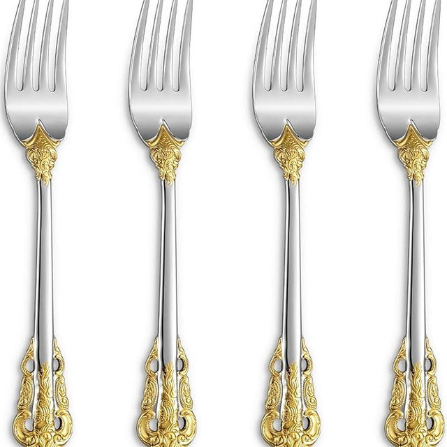 KEAWELL Luxury Salad Forks Dessert Forks Set, Set of 4, 18/10 Stainless Steel, 7 Inches, Dishwasher Safe, Mirror Polished, Silverware Fork Set (Gold Accent)