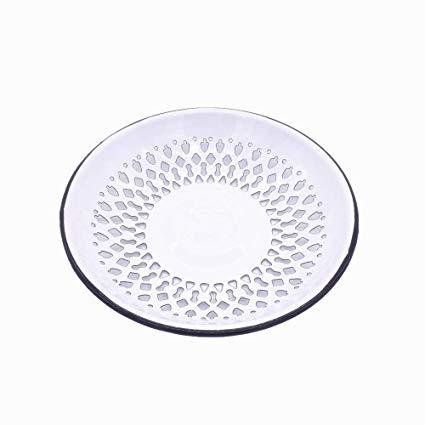 SHUEHO Vintage Look Enamel Vented Self-draining Bread Bowl Plate Rolls Fruit Bowl, Enamelware Colander Stamped Metal White, Black Rim Country Primitive Kitchen Decoration (Black)