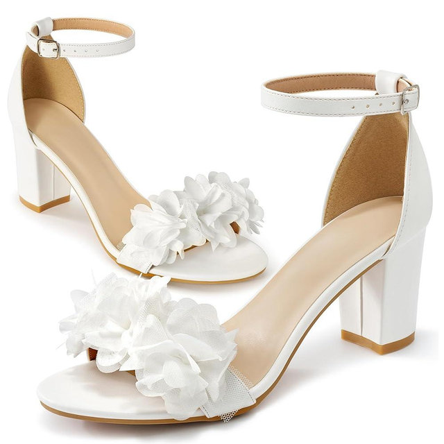 Reimferce Comfortable Block Heels for Women: 3-inch Stable Heel & Elegant Flower for Confidence Walking on Wedding - Soft Cushioned Insole & Adjustable Ankle Strap for Bride & Bridesmaids