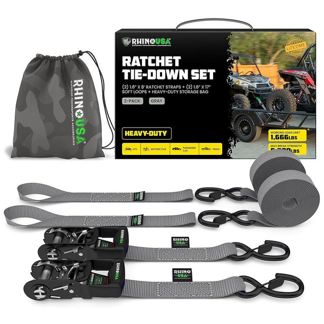 Rhino USA Ratchet Straps Heavy Duty Kit (2-Pack) - 1.6 Inch x 8 Feet Min Break Strength (5,000) - Ultimate Tie Down Straps with Safety S Hooks for Trucks, ATV, UTV, Motorcycle, Cargo & More - Gray