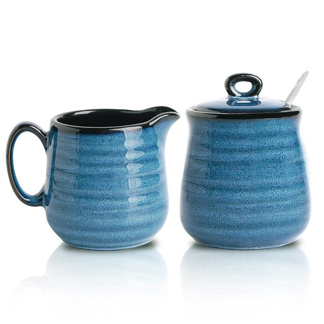 Hasense Porcelain Sugar and Creamer Set,11 Ounce Sugar Bowl with Lid and Spoon,10 Ounce Cream Pitcher,Farmhouse Coffee Sets for Serving,Dishwasher Safe(Blue)