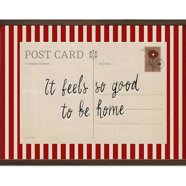 Vintage It Feels so Good to be Home Wall Art Mid Century Positive Quote Postcard Decor Picture, Trendy It's so Good to be Home Striped Poster Canvas Print 16x24 inch Walnut Wood Framed