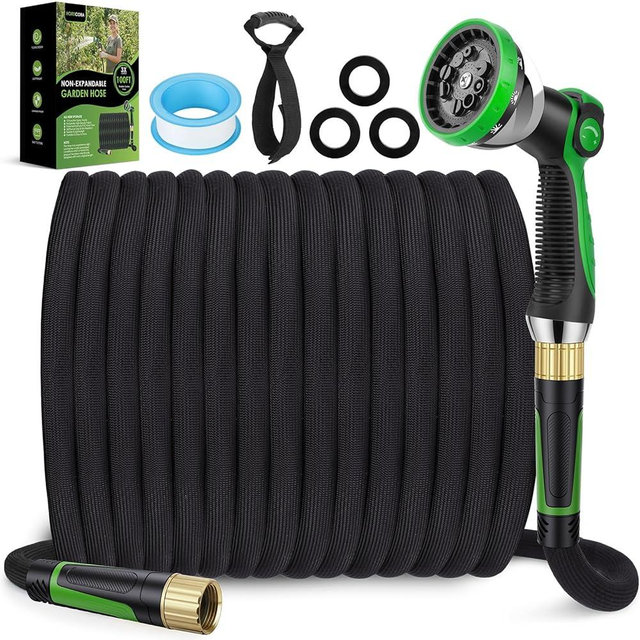 HORTICORA Non-Expanding Garden Hose 100 ft, Lightweight Hose & Flexible Water Hose With 10-Pattern Spray Nozzle, Kink-Free Design, Durable Leakproof Yard Outdoor Hose, Portable Storage Strap, 100 Feet