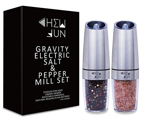 Gravity Electric Salt and Pepper Grinder Set with Adjustable Coarseness Automatic Pepper and Salt Mill Battery Powered with Blue LED Light,One Hand Operated,Brushed Stainless Steel by CHEW FUN
