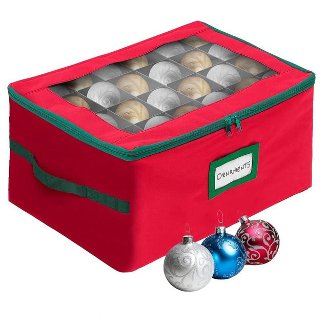 HOLDN’ STORAGE Christmas Ornament Storage Box with Dividers - Fits 72-3” Ornaments, 3 Removable Trays, Durable & Space-Saving, Clear Top Lid, Convenient Storage Designed, Red