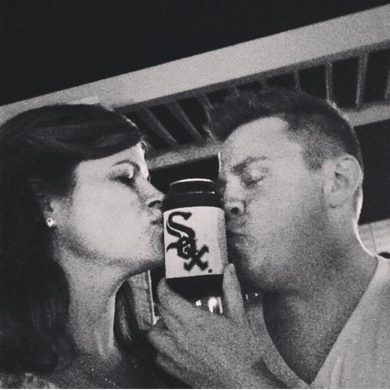 Our "first kiss", bonding over our love for the White Sox, October 2014 (Jeff & Kija's Wedding).