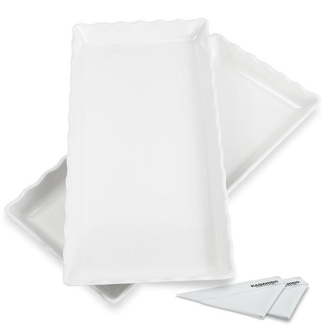 KAQAHIDO 17" x 8" x 1.5" White Serving Tray Set, Wave Edge Melamine Platters for Cookie, Appetizer, Charcuterie, Snack, Dessert, Party Food Display, Stackable, Set of 2