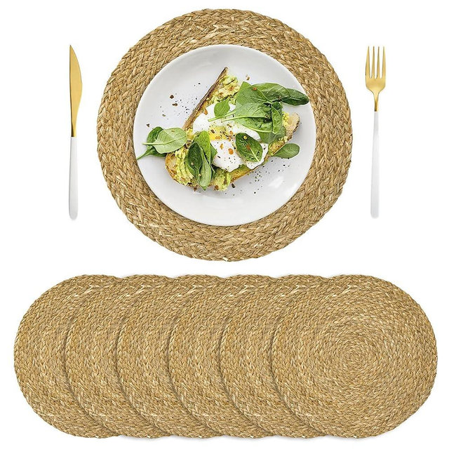 Set of 6, Round Woven Placemats, Natural Braided Straw Table Mats, Weave Aquatic Placemats for Dinning Table, 11.8 inch