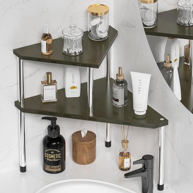 Weenson Bathroom Counter Organizer Corner Shelf - 2 Tier Bathroom Organization Bamboo Spice Rack Kitchen Countertop Organizer Adjustable Free-Standing Counter Storage Shelf(Antique)