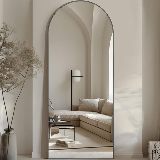 Full Length Mirror 58"x18" Arched Floor Mirror Freestanding Full Body Oversized Floor Free Standing Leaning Hanging Mounted Aluminum Alloy Frame Floor Mirror for Bedroom Cloakroom Living Room Black