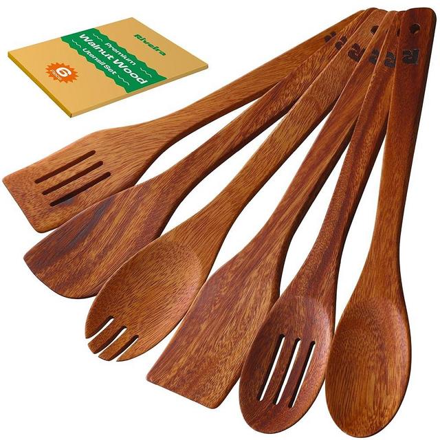 Riveira Walnut Wooden Spoons for Cooking Set of 6 – Natural Walnut Wooden Cooking Utensils, Wooden Spatula, Wooden Spoon - Premium Quality Wooden Utensil Set for Non-Toxic Cooking