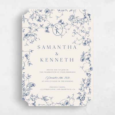 Blue Ticket Wedding Invitation - Plumeria Portrait