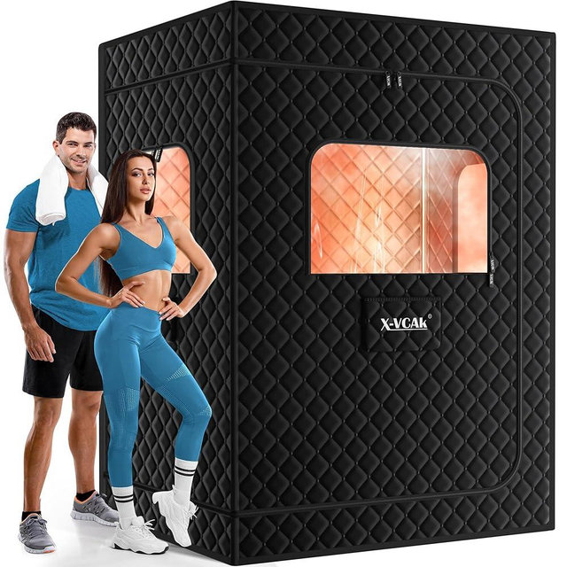 X-Vcak 2 Person Sauna, Extra Large Sauna Box, Portable Steam Sauna Tent with 2 Steamers, 2 Folding Chair, 71”x 49”x 36”, Black