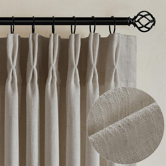 Flax Linen Curtains Pinch Pleated 84 Inch Length 2 Panels for Living Room Bedroom Burlywood Birch Semi Sheer Rustic Farmhouse Back Tab Pinch Pleat Hooks Rings Window Curtain 84 Inches Long Taupe