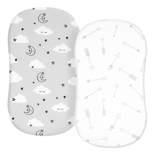 TILLYOU Jersey Knit Soft Bassinet Sheets Fitted for Baby Boy Girl, Stretch to Fit Cover Brands’ Basinette Bedside Co-Sleeper Lounger Cradle Oval Rectangle Hourglass Mattress, 2-Pack Gray Clouds