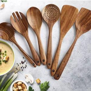 6-Piece Wooden Kitchen Utensil Set, Wooden Cooking Spoons and Serving Spoons for Nonstick Cookware