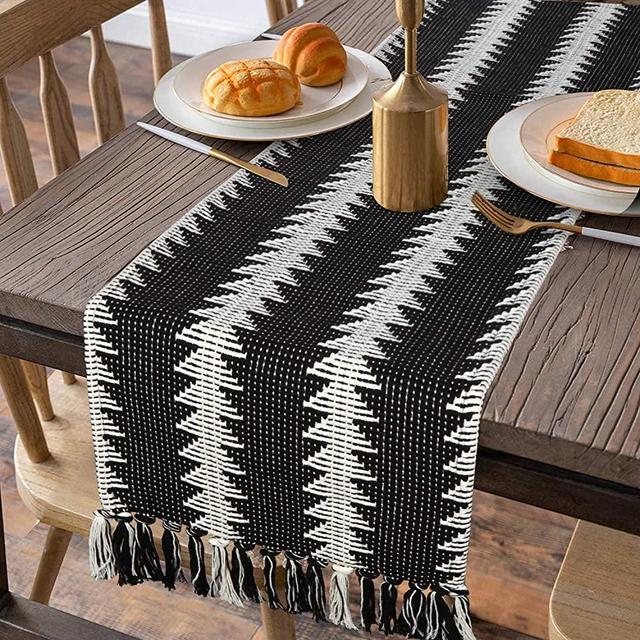 Moroccan Fringe Table Runner 14 in x 87 in, KIMODE Farmhouse Bohemian Geometric Black and White Cotton Handmade Woven Tassels Dinning Table Linen Machine Washable Minimalist Home Decorative, Cedar