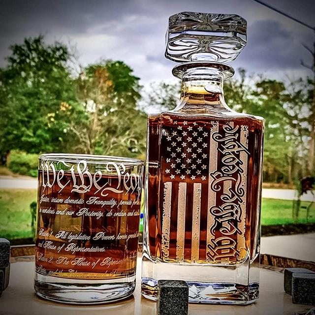 We The People American Flag Engraved Whiskey Decanter Set + 360 Wrap U.S. Constitution Glasses (5pc)