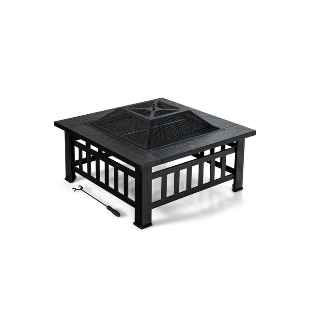 SKONYON 32 Inch 3 in 1 Outdoor Square Fire Pit Table with BBQ Grill and Rain Cover for Camping