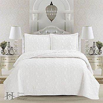 Elegant Summer Cotton Patchwork Quilt Set Delicate Embroidered Golden Geometric Bedspread/Coverlet Set with Shams,White,Queen