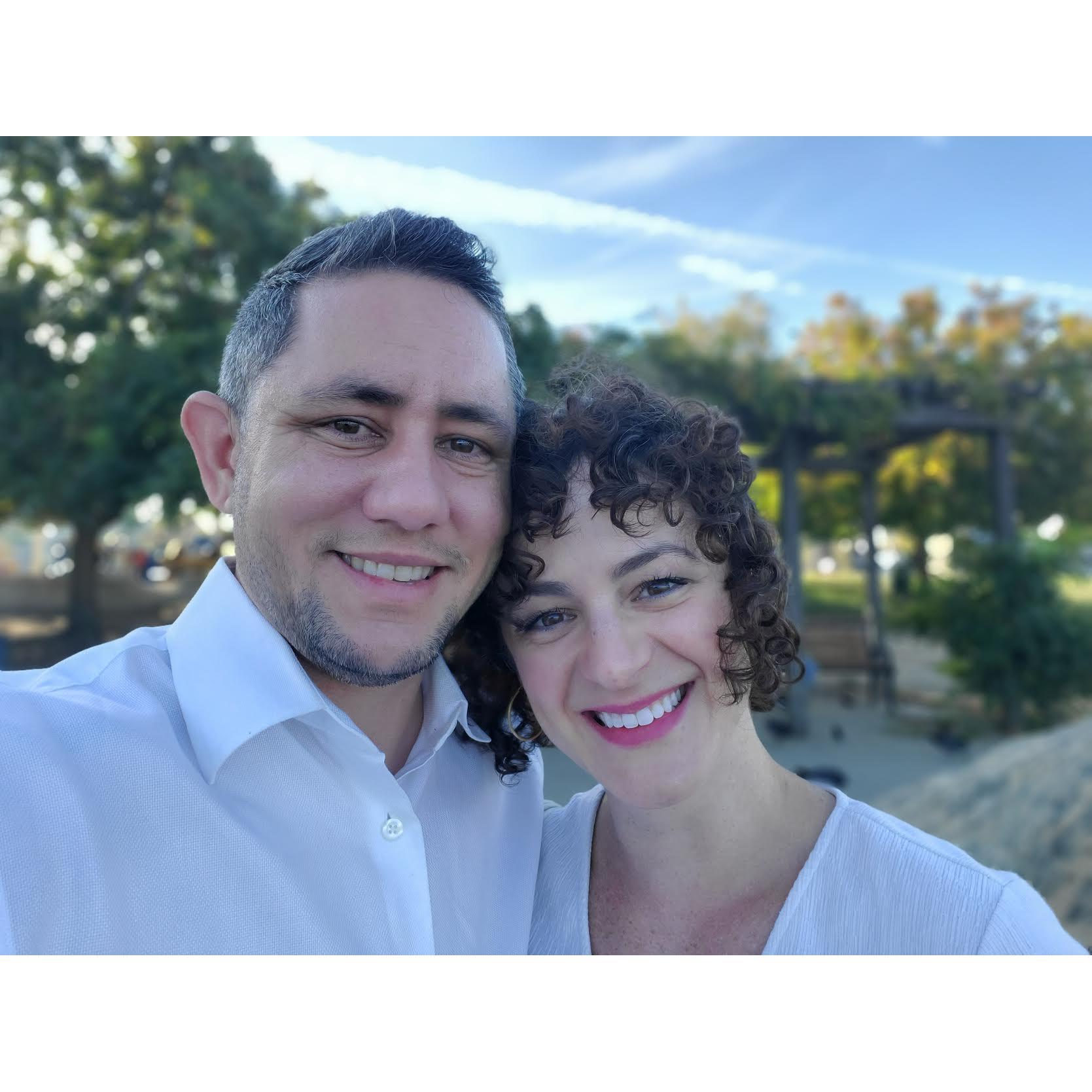 Dating for six months. We posted these photos on Facebook and people thought we had gotten engaged since we were wearing white. Neither of us minded the assumption. :)