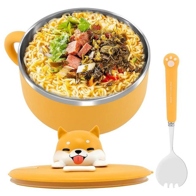 KTZCTPCA Cute Dog Instant Ramen Noodle Bowl, 304 Stainless Steel Noodle Bowls with lids, 40.6 OZ Ramen Bowl with Handle and Spoon for Udon, Miso, Thai, or Pho Soup, Microwave Safe