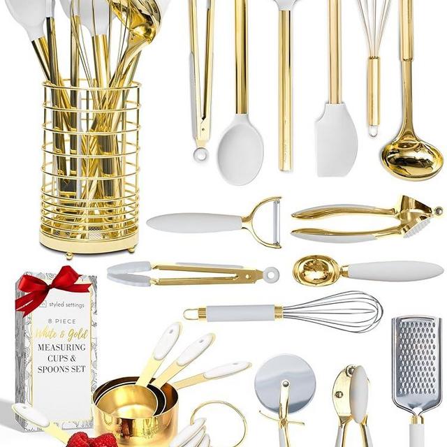 White and Gold Kitchen Utensils Set - 23-Piece Gold Kitchen Accessories Include Measuring Cups and Spoons Set, Silicone Utensils, and Utensil Holder for Baking, Cooking, and Stylish Kitchen Decor